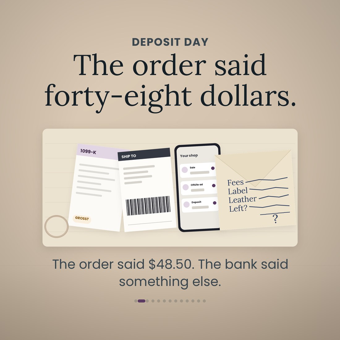 A desk with a 1099-K form, a shipping label, a phone showing sale, offsite ad and deposit alerts, and an envelope with fees, label, leather and left written on it in biro. The order said $48.50; the bank said something else.