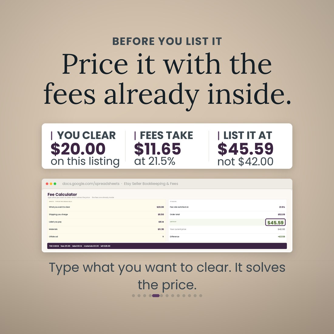 The Fee Calculator tab: type the $20.00 you want to clear and it solves the list price, $45.59 instead of $42.00, with the 21.5 percent of fees, the label and the materials already inside the number.