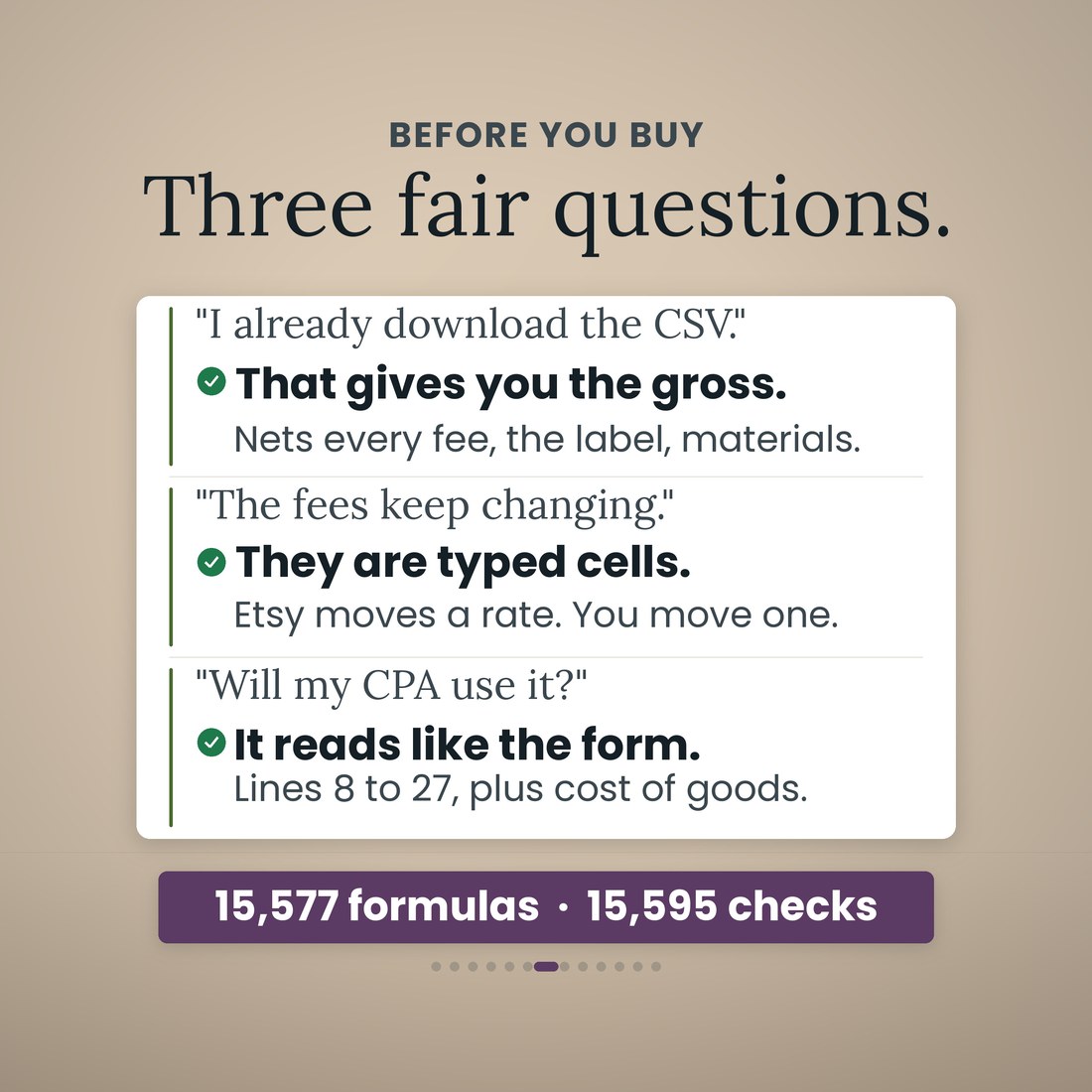 Three questions answered on one card: the CSV gives you the gross while this nets every fee, the label and materials; the fee rates are typed cells; and the Schedule C page reads like the form, lines 8 to 27.