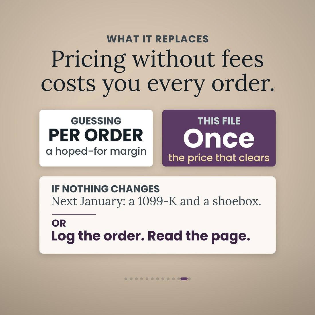 What it replaces: guessing costs you a hoped-for margin on every order, while the file is set up once and gives the price that clears. Next January is a 1099-K and a shoebox, or log the order and read the page.