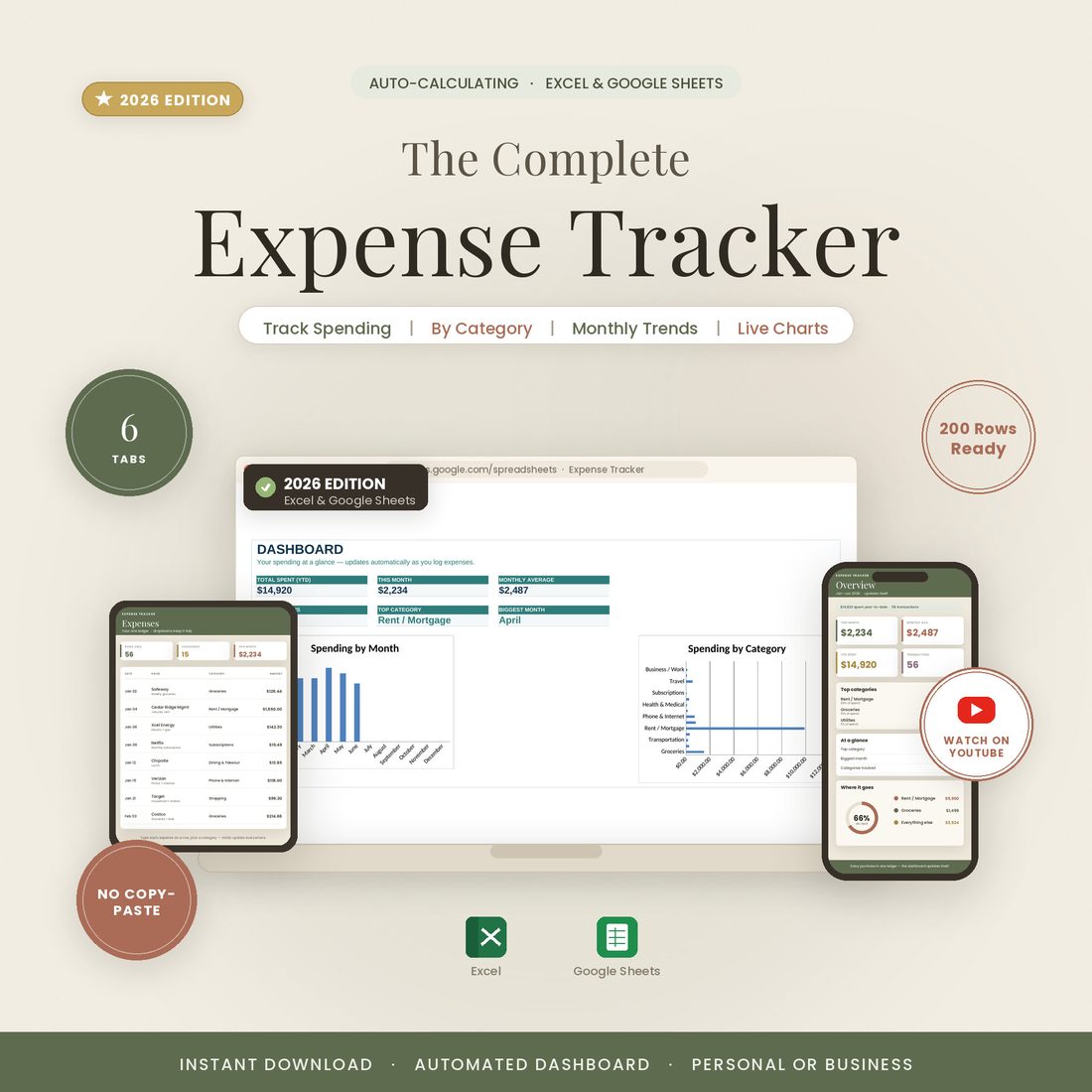 Expense Tracker — monthly spending tracker for Excel and Google Sheets