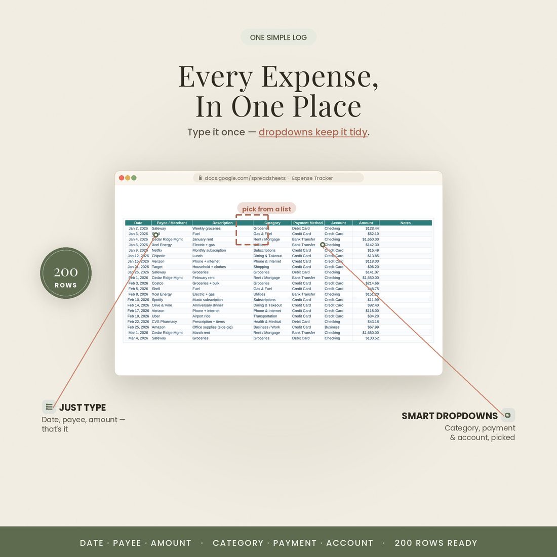 Expense ledger with category dropdowns