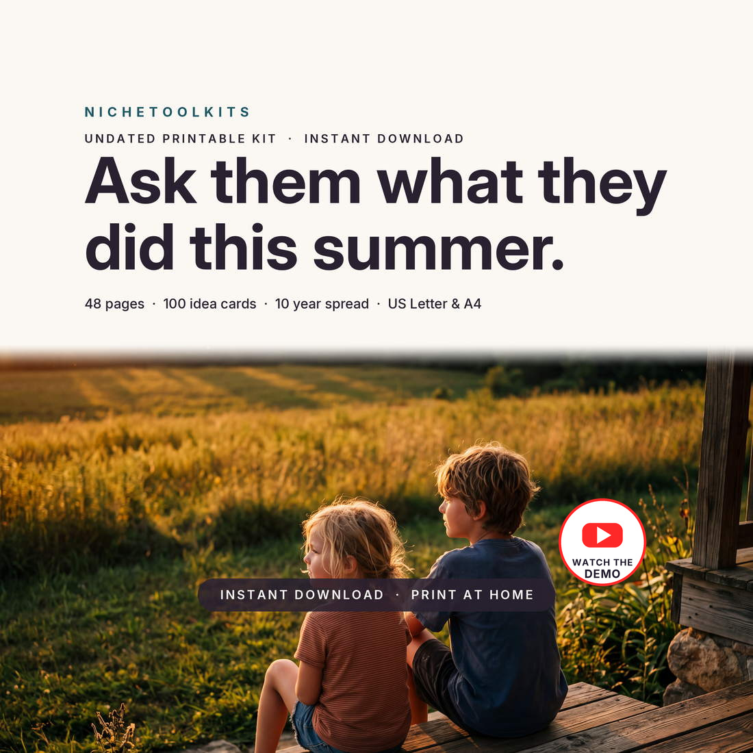 The Family Bucket List — twelve things a season on the refrigerator door, a jar of 100 idea cards and a Done Page with a photo box, so the summer gets written down instead of disappearing.