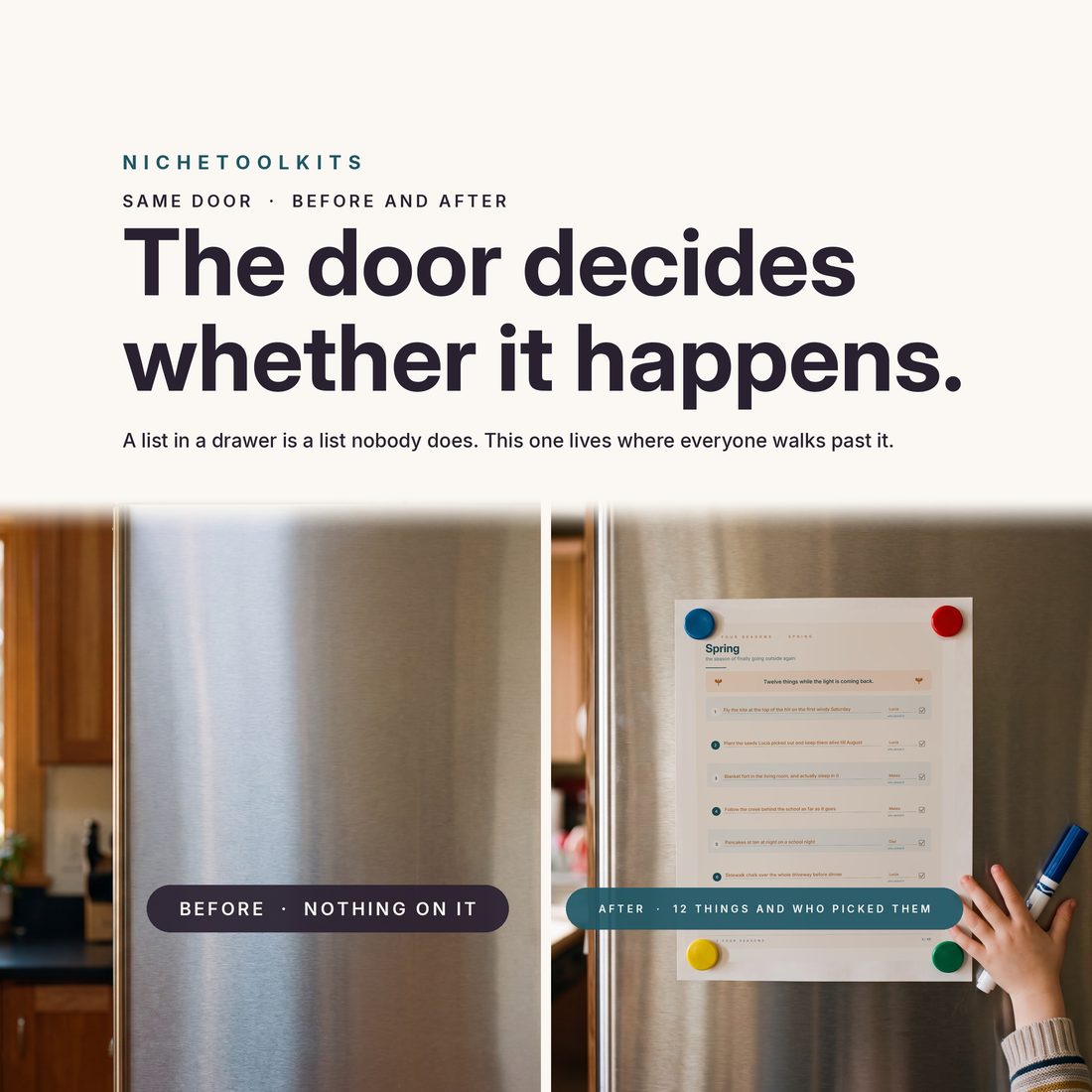 The door decides whether it happens — the same refrigerator before, with nothing on it, and after, with the Spring page, twelve things and who picked them.