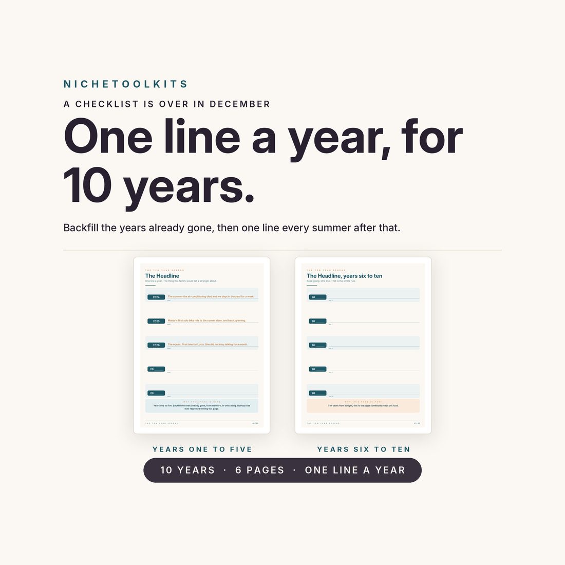One line a year, for 10 years — years one to five and six to ten on two spreads, backfilled and then one line every summer after that.
