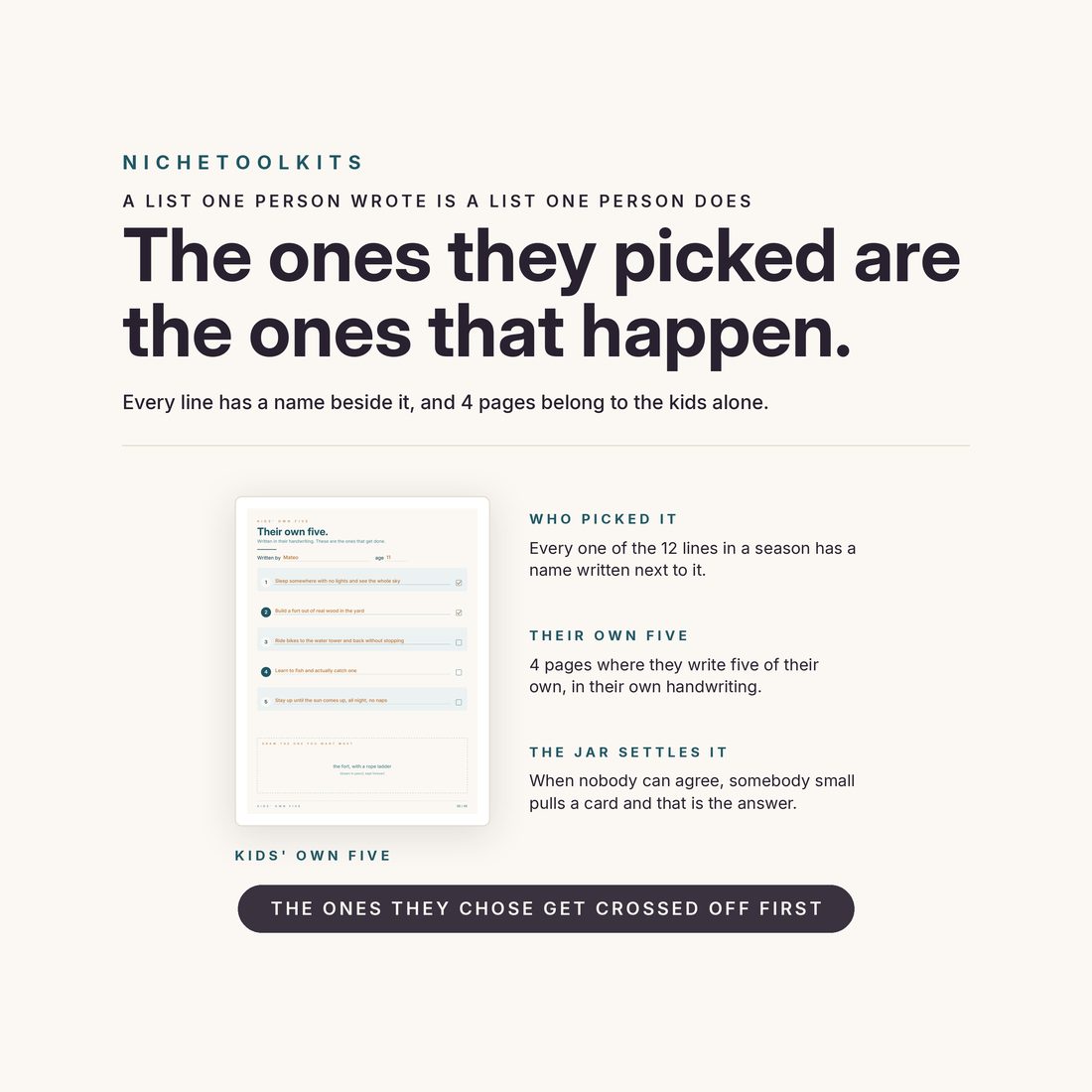 The ones they picked are the ones that happen — every line has a name beside it, and four pages belong to the kids alone.