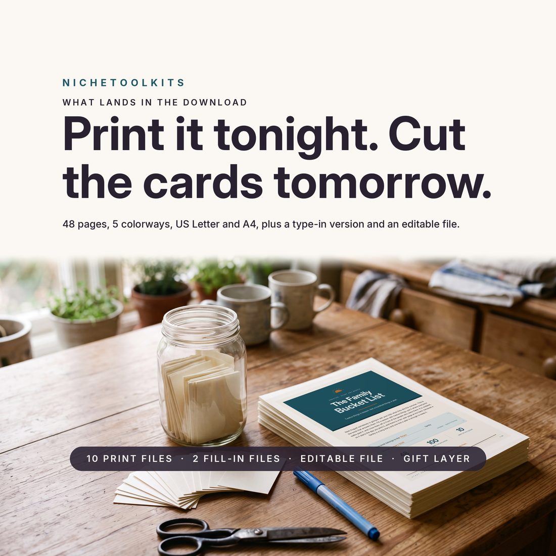 Print it tonight, cut the cards tomorrow — 48 pages, 5 colorways, US Letter and A4, plus a type-in version, an editable file and the gift layer.