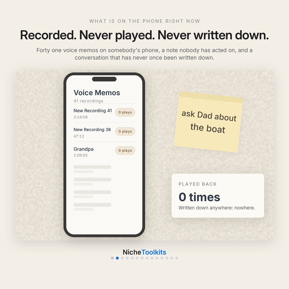 The problem — 41 voice memos on somebody's phone, played back zero times, a sticky note that says ask Dad about the boat, and a conversation never once written down.