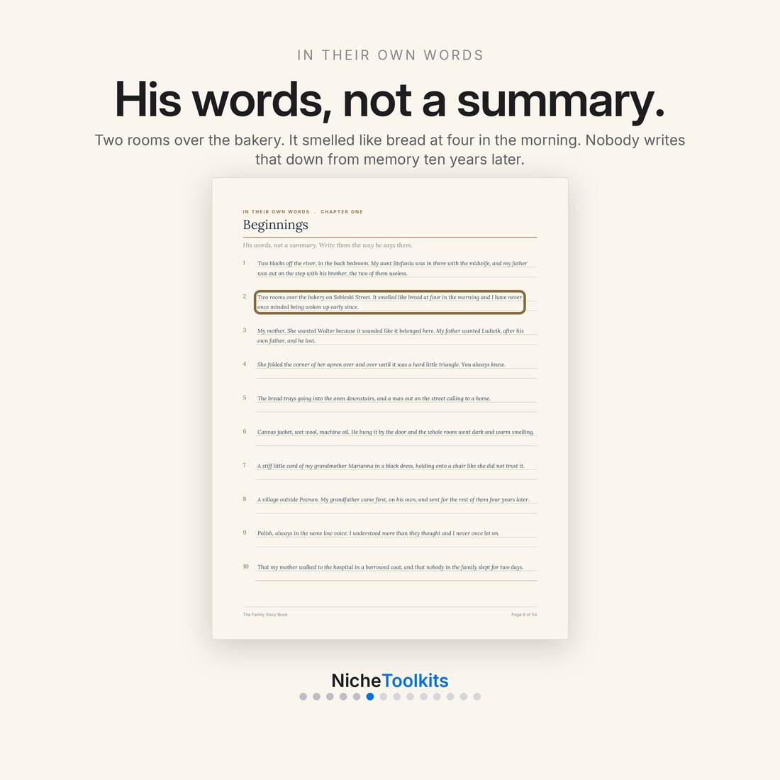 In their own words — chapter one, Beginnings, written the way he says it: two rooms over the bakery, and it smelled like bread at four in the morning.