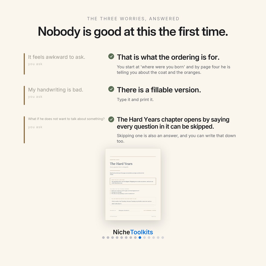 The three worries answered on one screen — it feels awkward to ask, my handwriting is bad, and what if he does not want to talk about something.