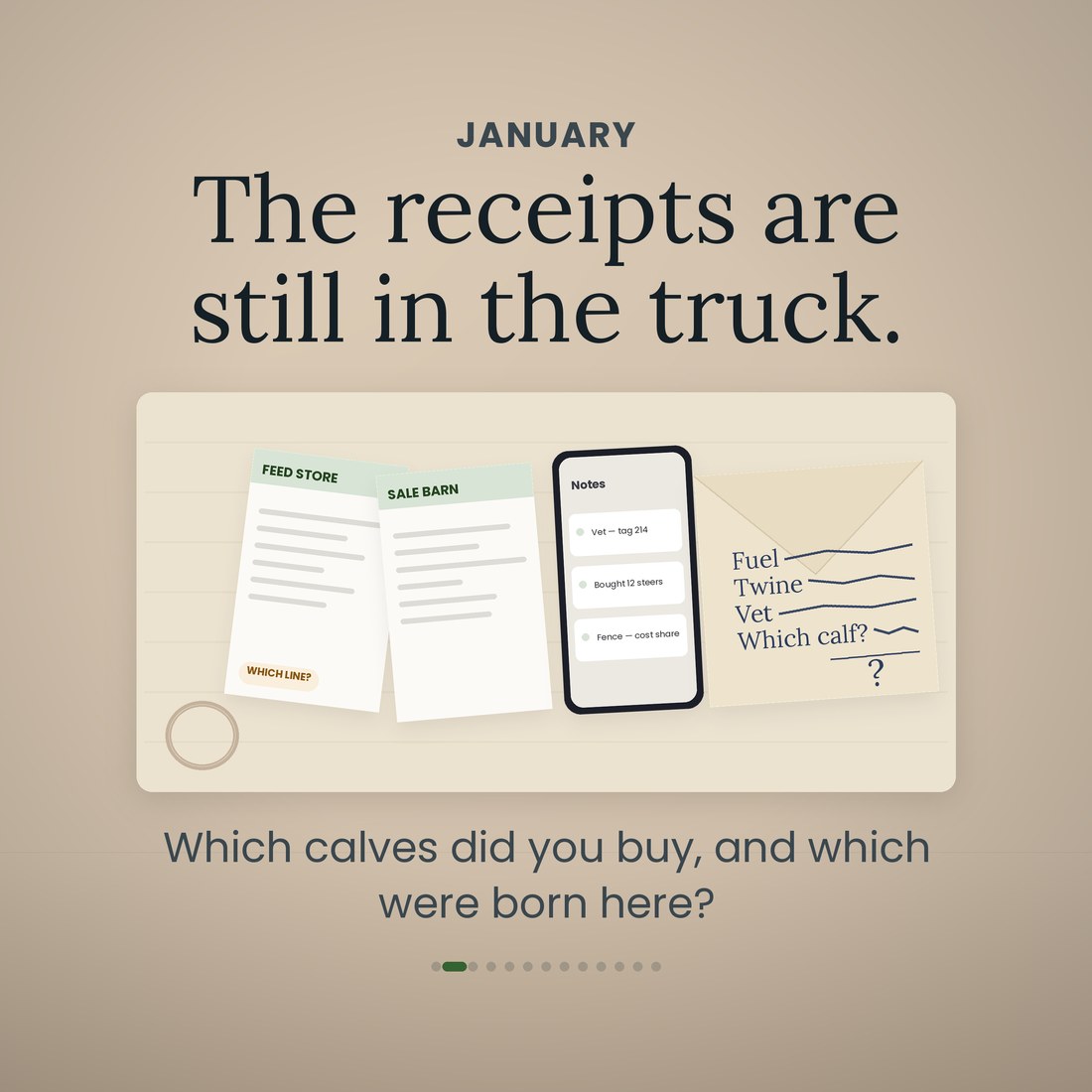 A farm desk in January: a feed store ticket asking which line, a sale barn ticket, a phone note reading vet tag 214 and bought 12 steers, and an envelope with fuel, twine and vet penciled on it. The receipts are still in the truck.