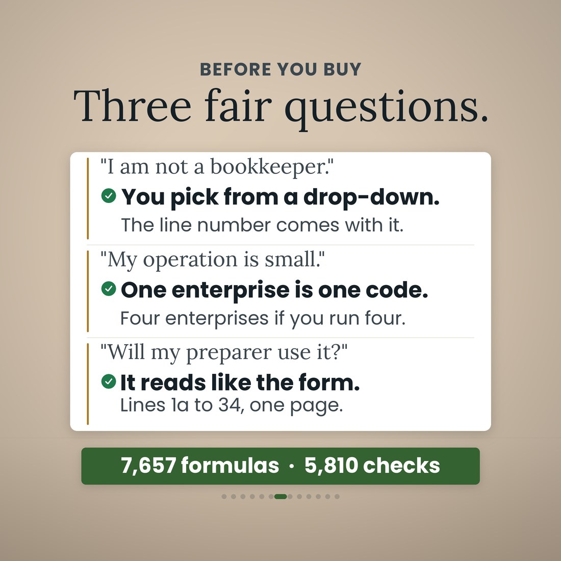 Three quoted worries about the farm bookkeeping spreadsheet answered on one card: I am not a bookkeeper, my operation is small, and will my preparer use it. A green band beneath reads 7,657 formulas and 5,810 checks.