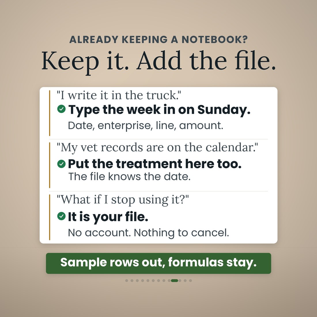 Three notebook worries about the farm bookkeeping file answered: writing it in the truck, keeping vet records on the calendar, and stopping altogether. A green band beneath reads sample rows out, formulas stay.