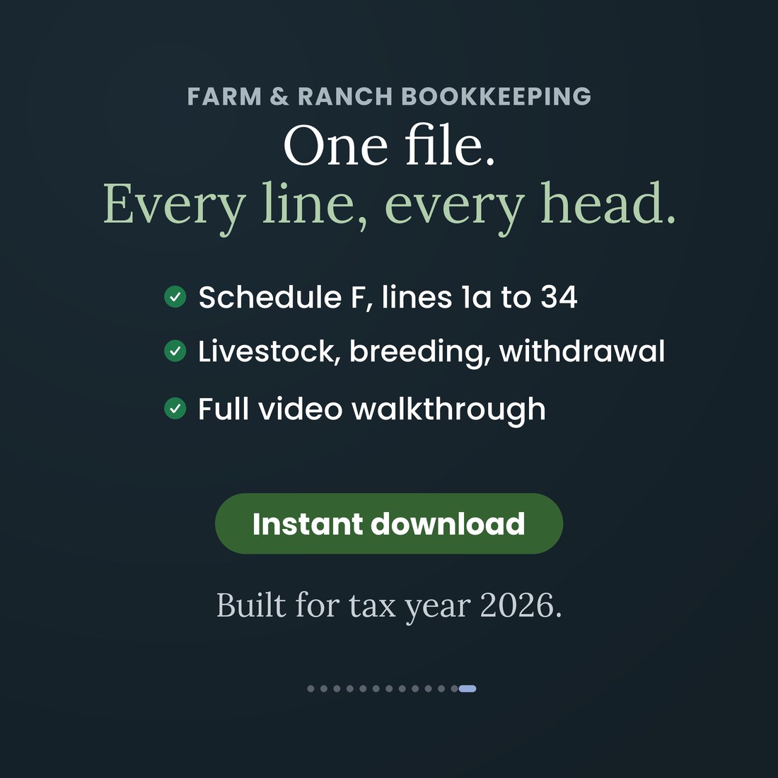 Farm and Ranch Bookkeeping: one file, every line, every head. Schedule F lines 1a to 34, livestock, breeding and withdrawal dates, and a full video walkthrough, in Excel, Google Sheets and Apple Numbers. Instant download.
