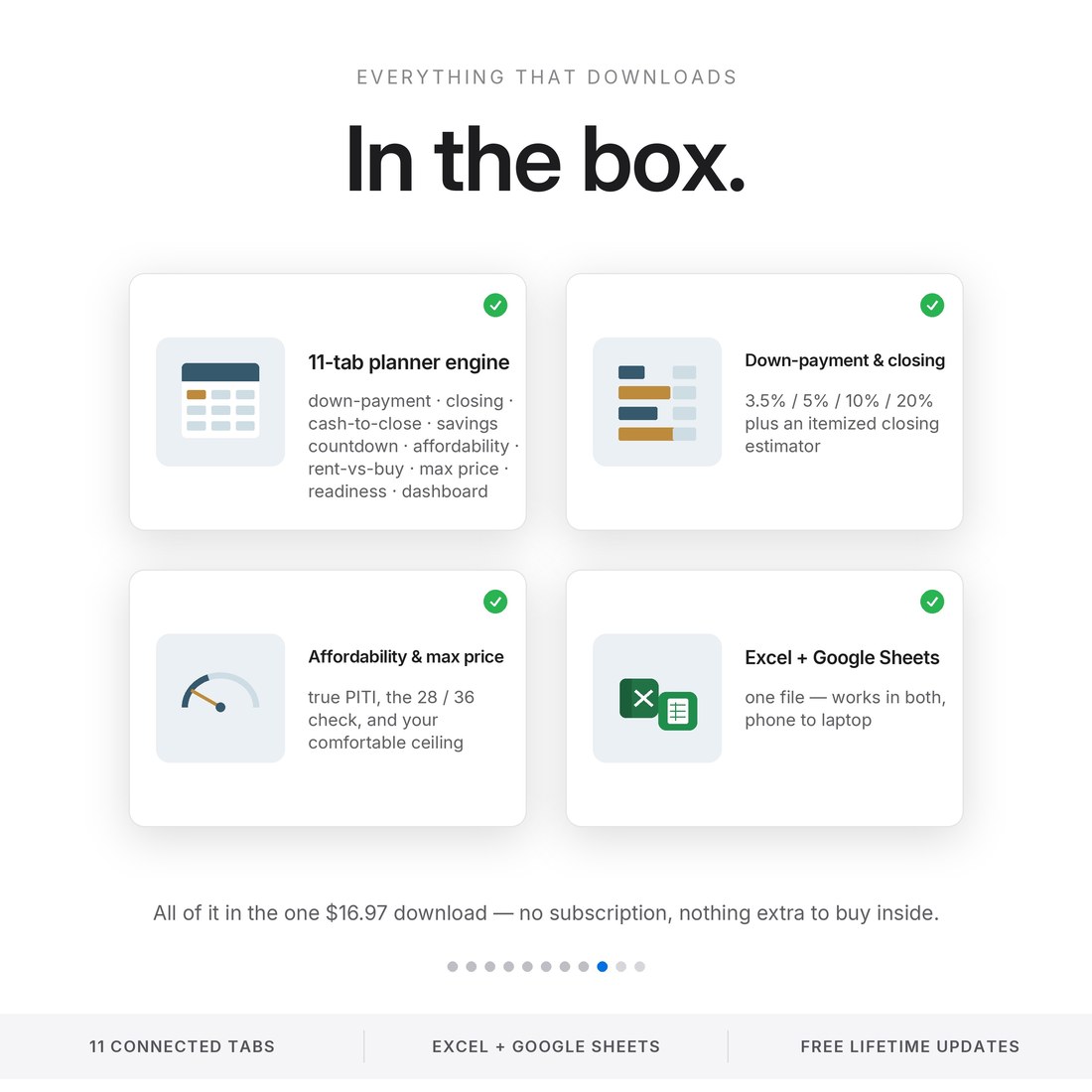 In the download: an 11-tab first-home planner engine — down payment, closing, cash to close, savings countdown, affordability PITI, rent vs buy, max price, readiness and dashboard — in Excel and Google Sheets.