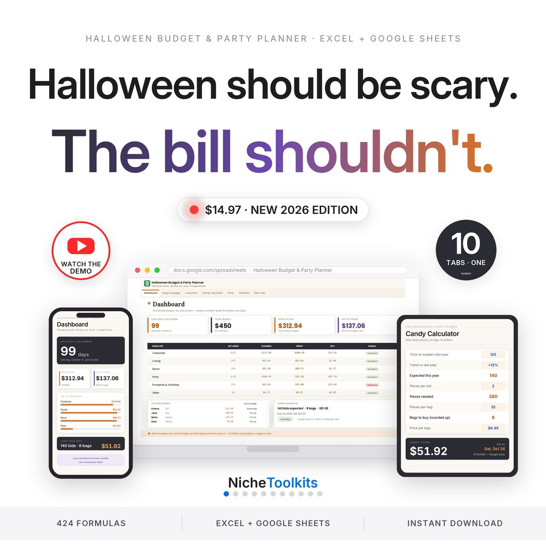 Halloween Budget and Party Planner — the whole of October on one screen: a countdown to the 31st, six envelopes and a candy calculator that does the maths.