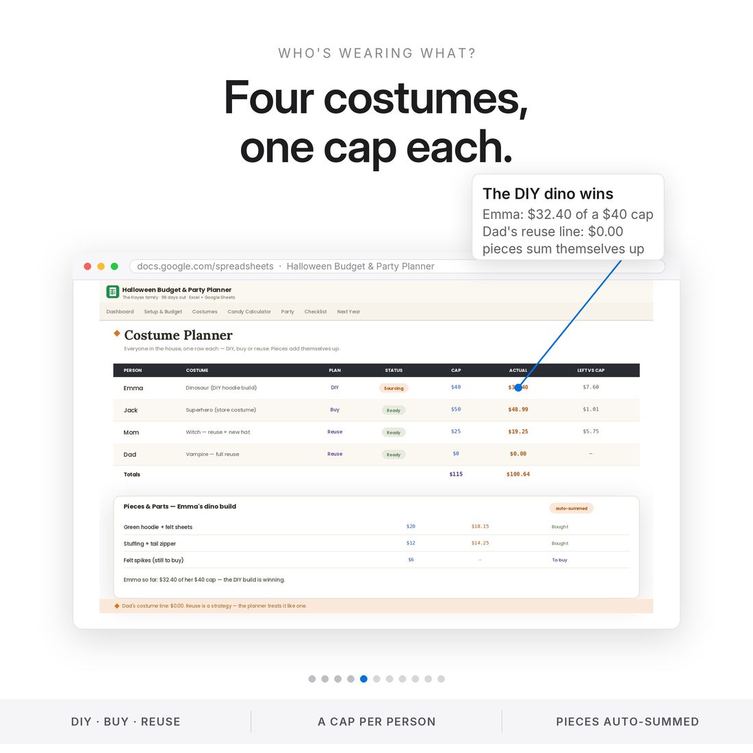 The Candy Calculator — expected trick-or-treaters times pieces each, divided by pieces per bag and rounded up, with the buy-by date computed.