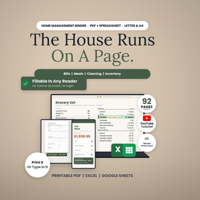 Home Management Binder — Printable PDF + Spreadsheet