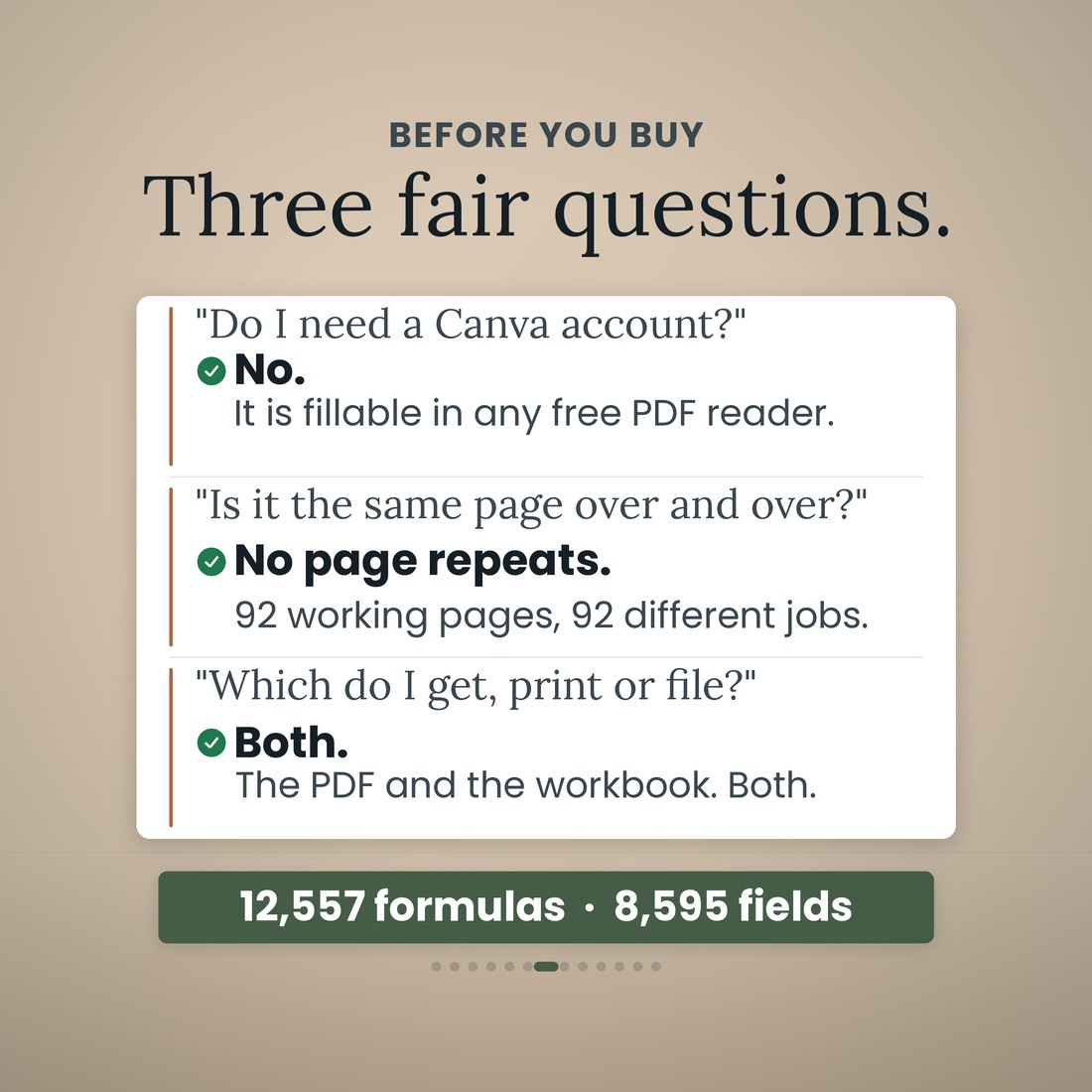 Three fair questions answered before you buy: no Canva account is needed because the binder is fillable in any free PDF reader, no page repeats across the 92 working pages, and both the printed PDF and the 12-tab companion workbook are in the box.