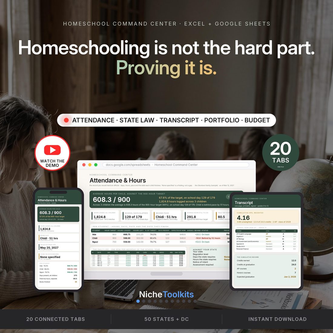 Homeschool Command Center — homeschooling is not the hard part, proving it is: the hours, the records and a real transcript in one file.