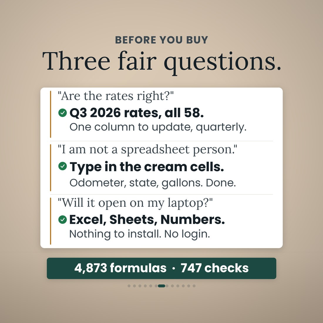 Three fair questions: the 3Q2026 rates for all 58 jurisdictions are loaded with one column to update each quarter; you type only in the cream cells; it opens in Excel, Google Sheets and Apple Numbers with no login.