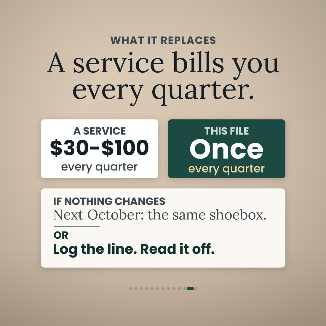 What it replaces: an IFTA filing service at $30 to $100 every quarter versus this file bought once. If nothing changes, next October is the same shoebox; or log the line and read the return off the screen.