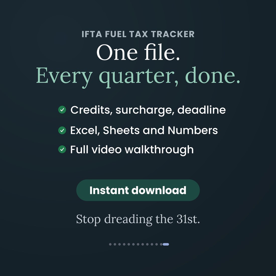 IFTA Fuel Tax Tracker: one file, every quarter done. Credits, surcharge and the deadline handled, works in Excel, Google Sheets and Apple Numbers, with a full video walkthrough. Instant download.