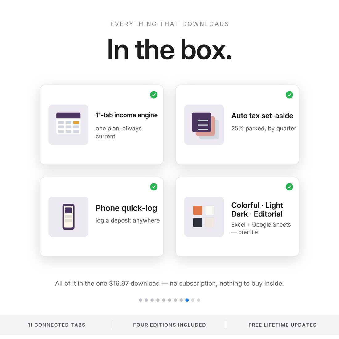 Three worries answered on one screen — income with no pattern, tax set-asides, and Excel versus Google Sheets.