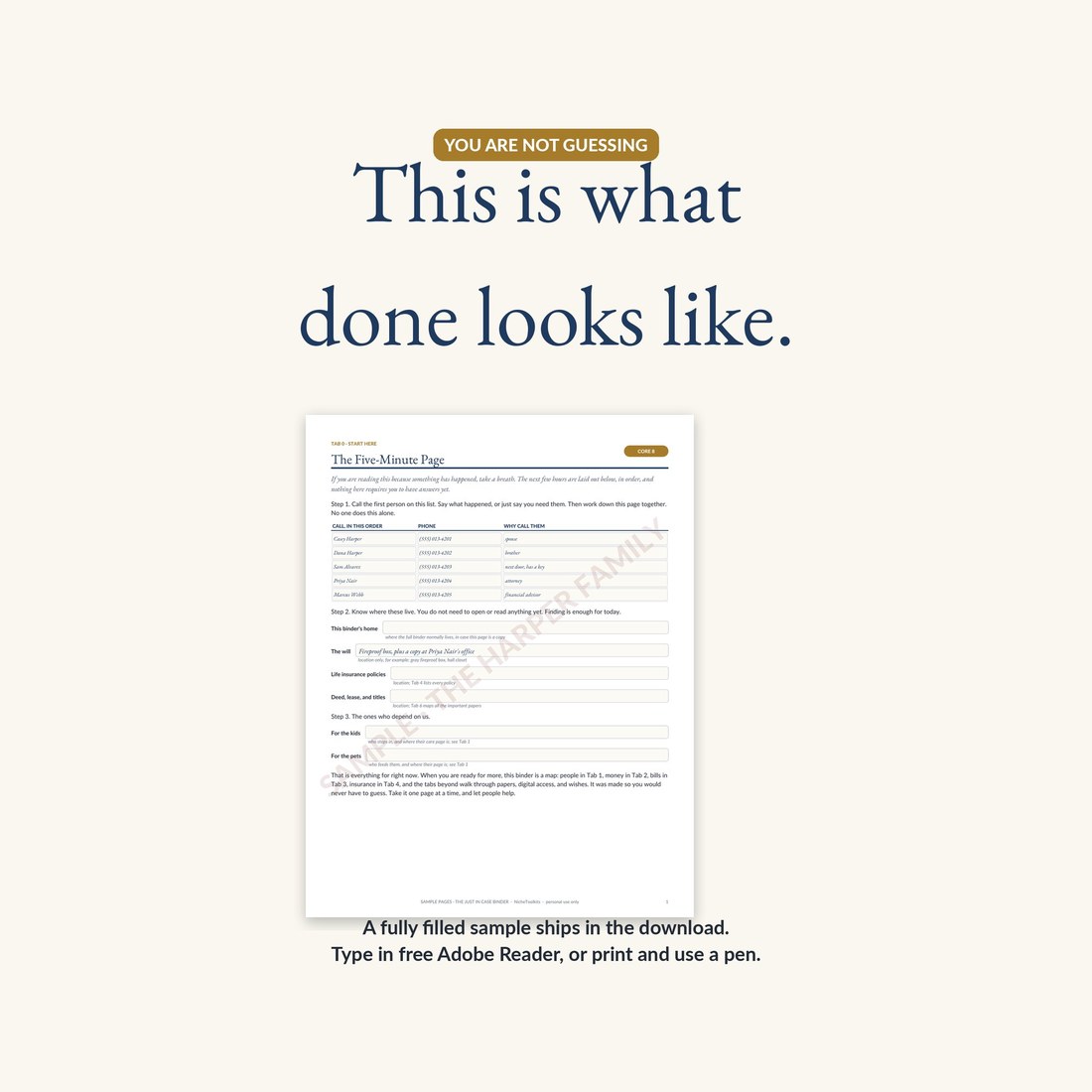 The included sample file: the Five-Minute Page filled in by the fictional Harper family, watermarked SAMPLE, showing exactly what a finished page looks like.