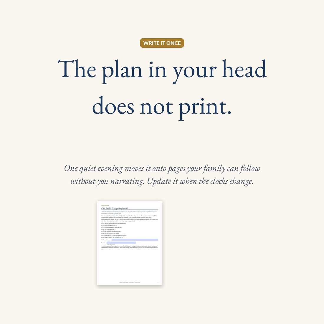 The binder welcome page under the headline: the plan in your head does not print. One quiet evening moves it onto pages your family can follow.