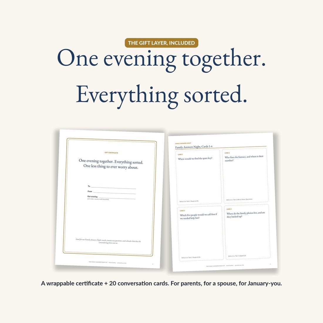 The Family Answers Night gift kit: a gold-bordered gift certificate reading one evening together, everything sorted, and a page of conversation cards, for parents, a spouse, or yourself in January.