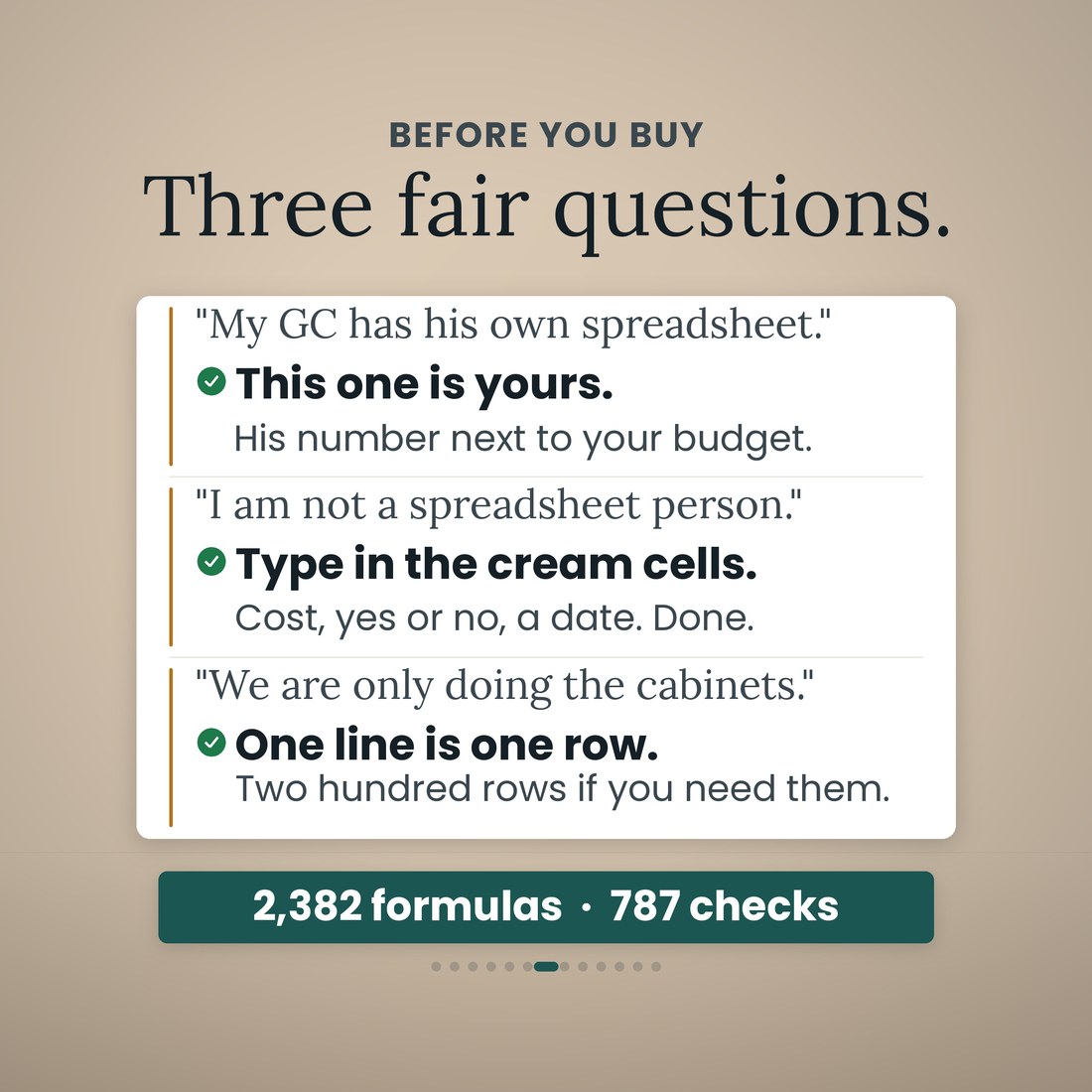 Three fair questions: your contractor's spreadsheet is his and this one is yours; you type only in the cream cells; and one line is one row, with two hundred rows if you do the whole room.