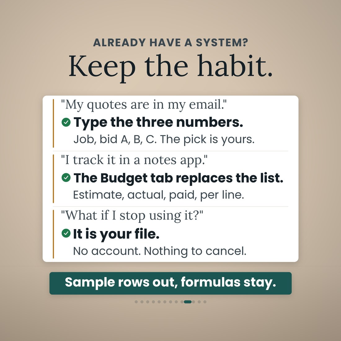 Already have a system? Keep the habit: type the three bid numbers from your email, let the Budget tab replace the notes-app list, and it is your file with no account and nothing to cancel.