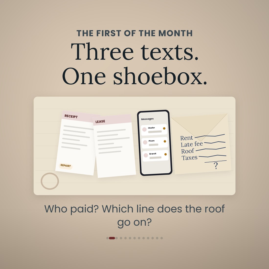 The first of the month: a receipt, a lease, a phone with three unread tenant texts and an envelope listing rent, late fee, roof and taxes on a desk. Three texts and one shoebox, before the landlord pack.