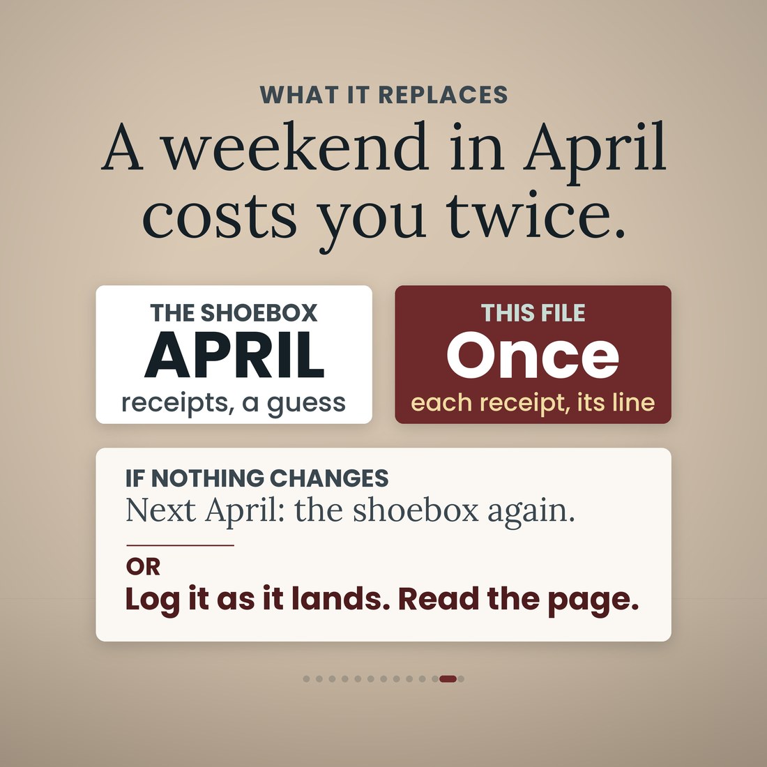 What it replaces: a weekend in April with the shoebox, receipts and a guess, against this file, bought once, with each receipt already on its line. If nothing changes it is the shoebox again next April; or log it as it lands and read the page.