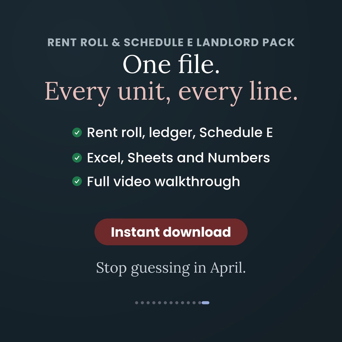 Rent Roll and Schedule E Landlord Pack: one file, every unit, every line. Rent roll, ledger and Schedule E in Excel, Google Sheets and Apple Numbers with a full video walkthrough. Instant download.