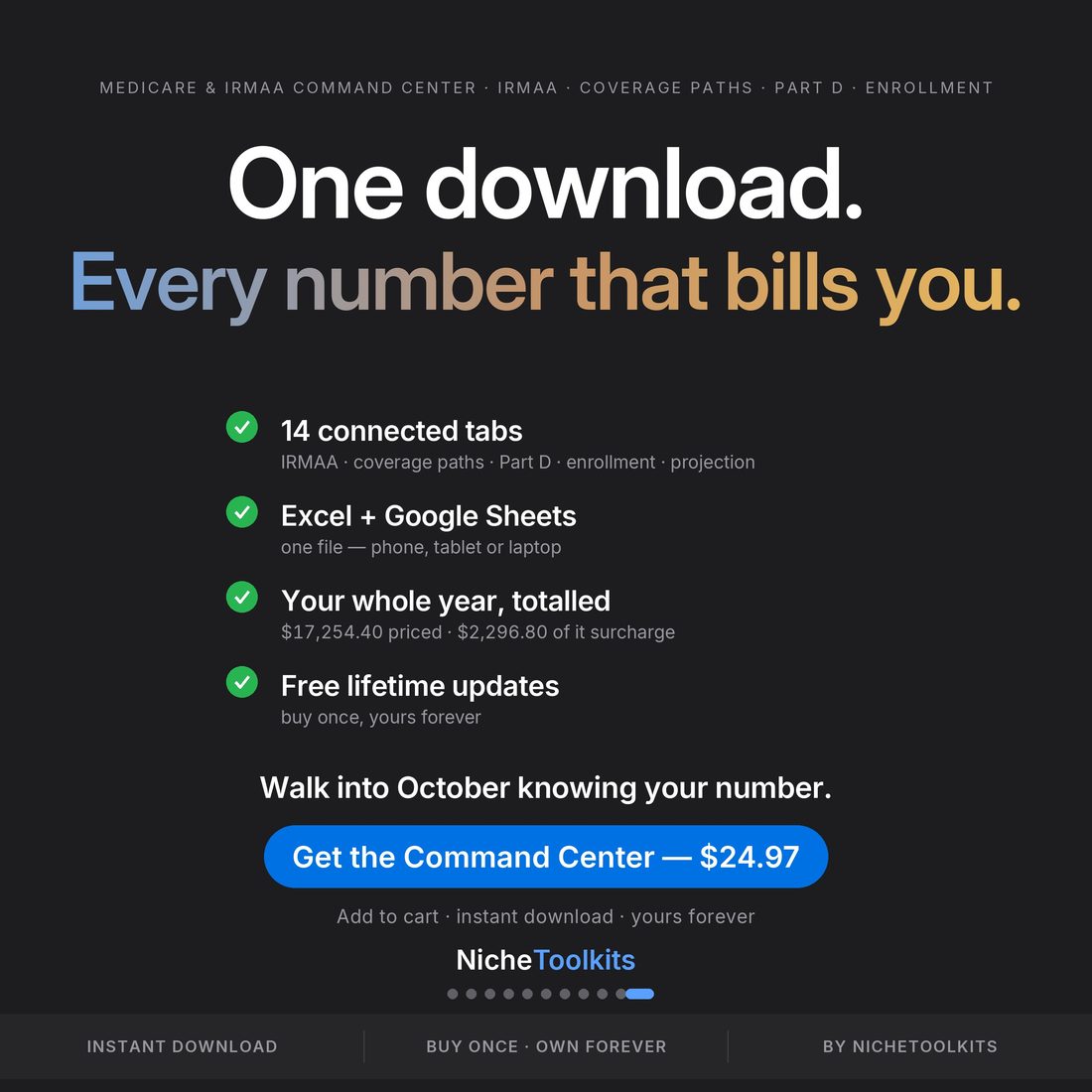 One download, every number that bills you — Medicare and IRMAA command center, 14 connected tabs, IRMAA, coverage paths, Part D and enrollment, Excel and Google Sheets, free lifetime updates, $24.97.