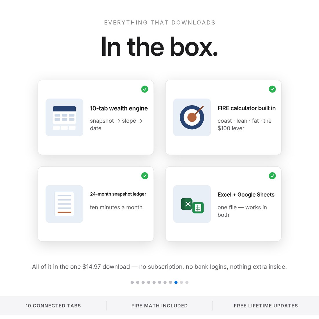 Included in the download: 10-tab wealth engine, built-in FIRE calculator with coast, lean and fat targets, a 24-month snapshot ledger, one file for Excel and Google Sheets.