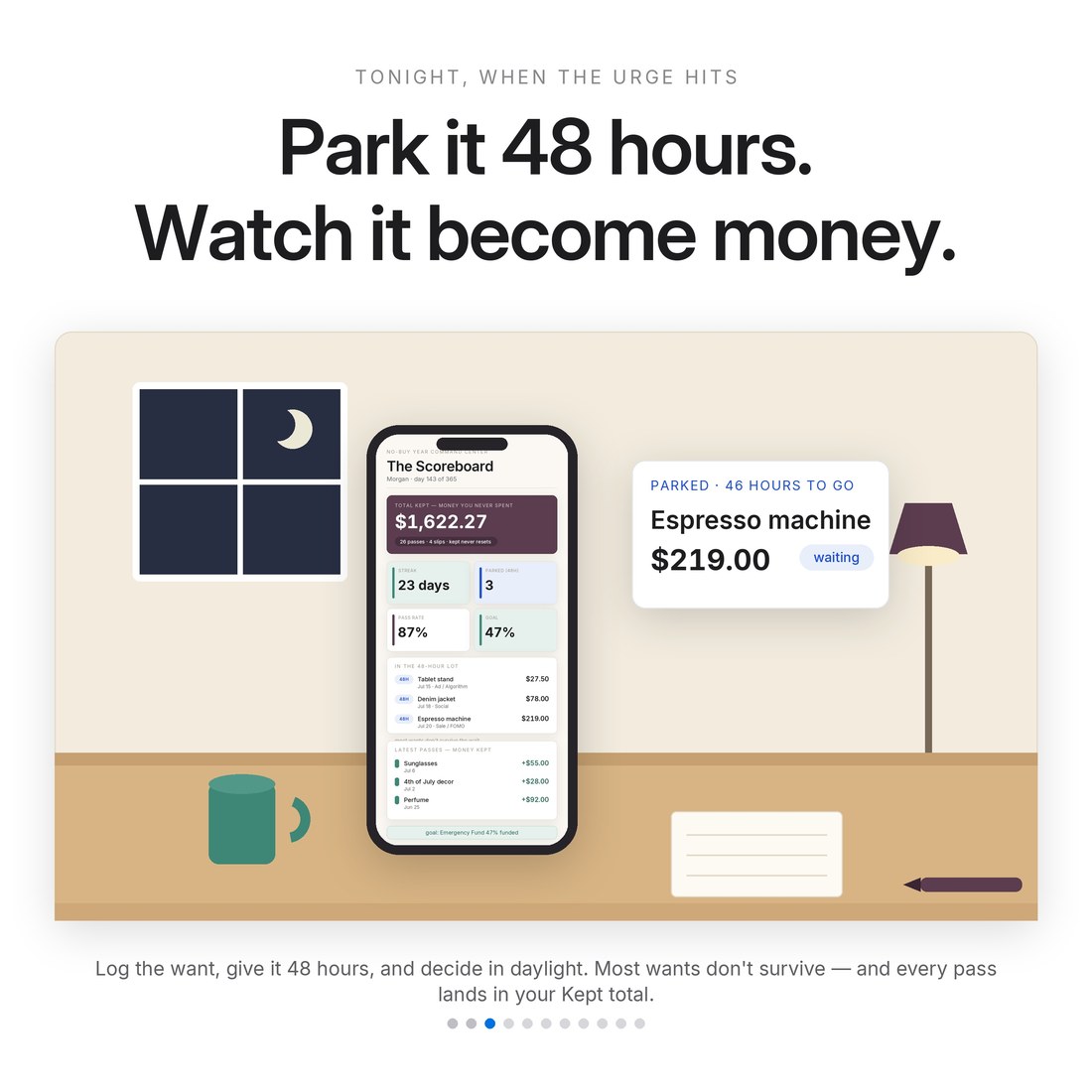 Phone on a desk at night showing the no-spend scoreboard beside a parked-item card — espresso machine $219, waiting 48 hours. Park the urge, then watch it become kept money.