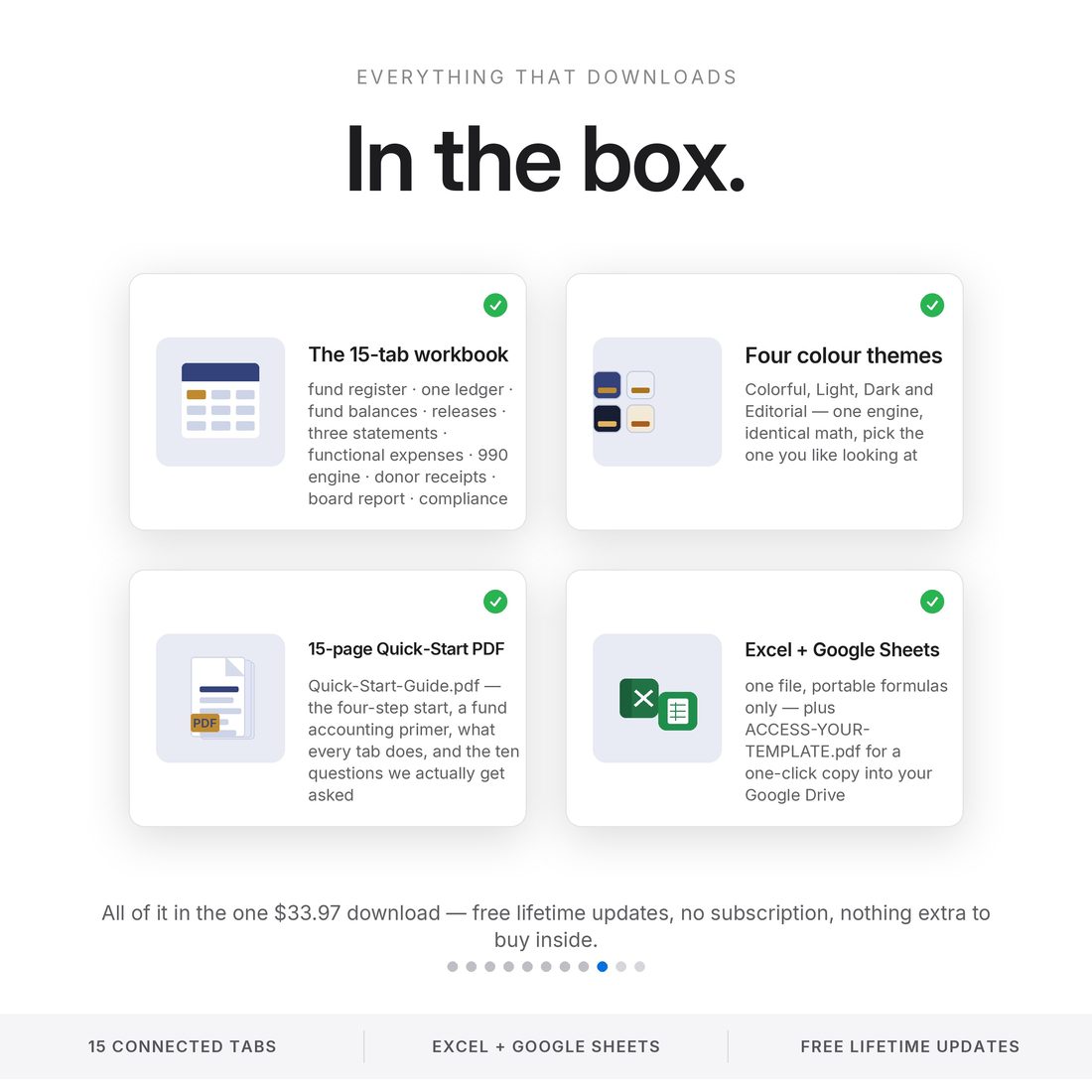 In the download: a 15-tab nonprofit and church treasurer workbook in four colour themes — fund register, ledger, three statements, 990 engine, donor receipts, board report — plus a 15-page Quick-Start PDF.