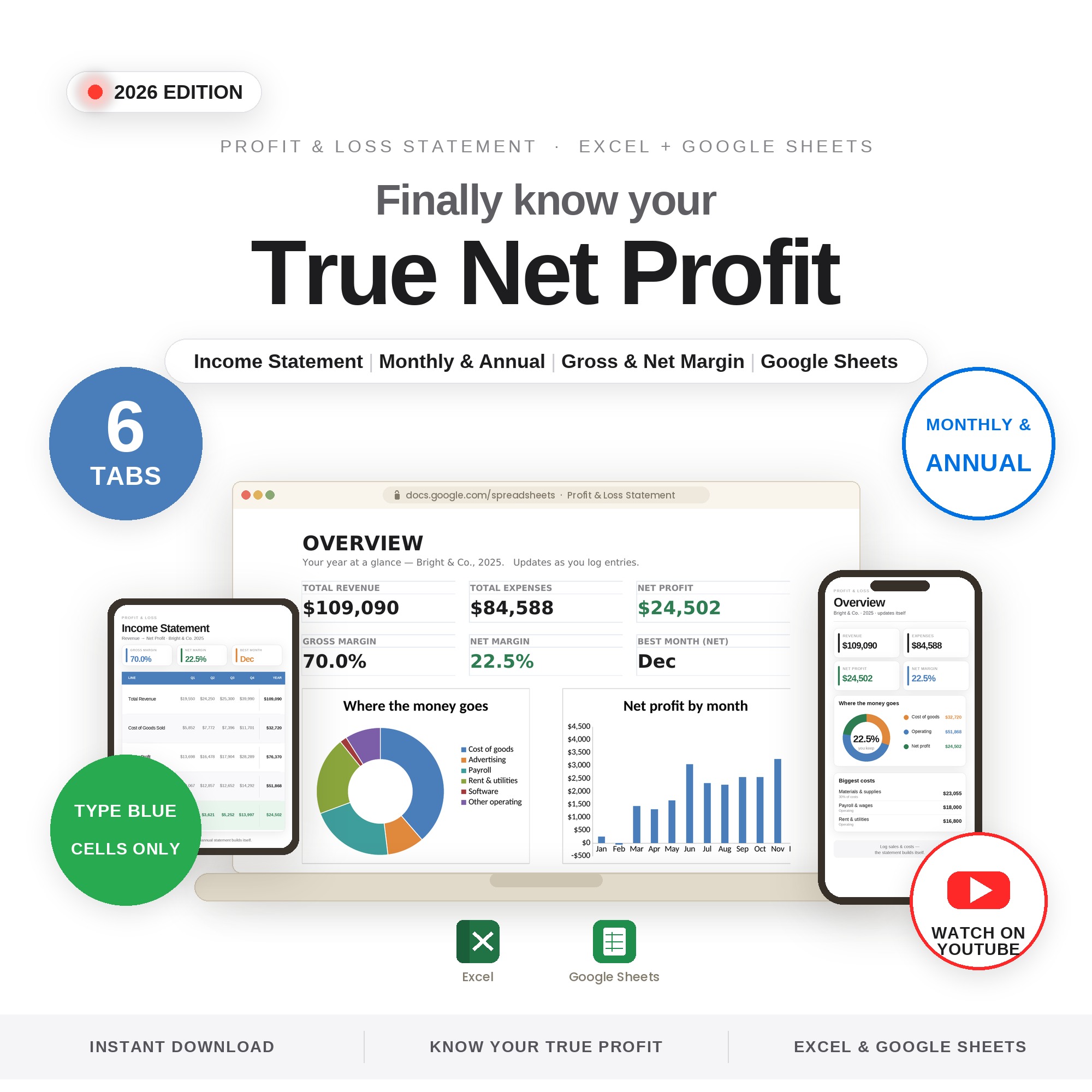 Income Statement & P&L — true net profit, monthly and annual