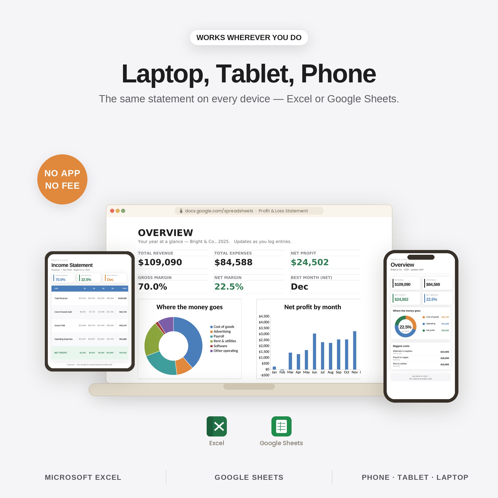 Works in Excel and Google Sheets
