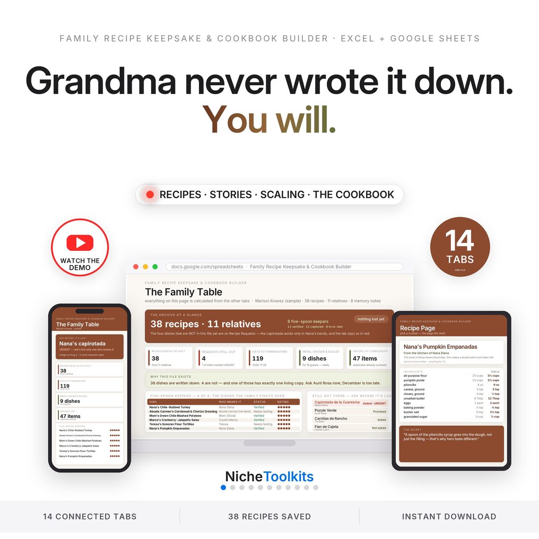 Family Recipe Keepsake and Cookbook Builder — grandma never wrote it down, so this is the file it goes in: 38 recipes, 11 relatives, and the secrets.