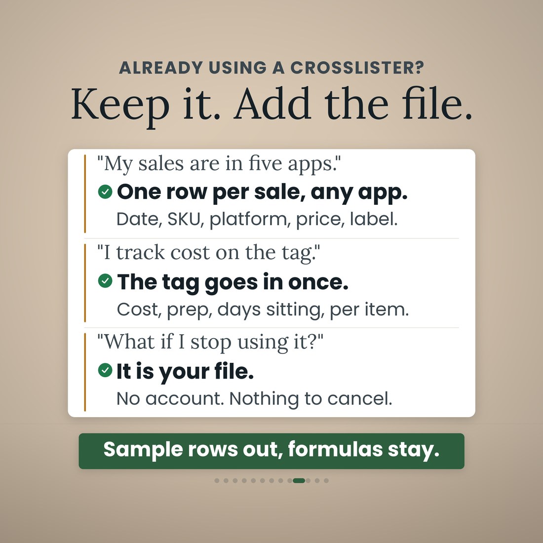 Already using a crosslister? Keep it, add the file: one row per sale from any app with date, SKU, platform, price and label; the tag goes in once with cost, prep and days sitting per item; and it is your file, no account, nothing to cancel.