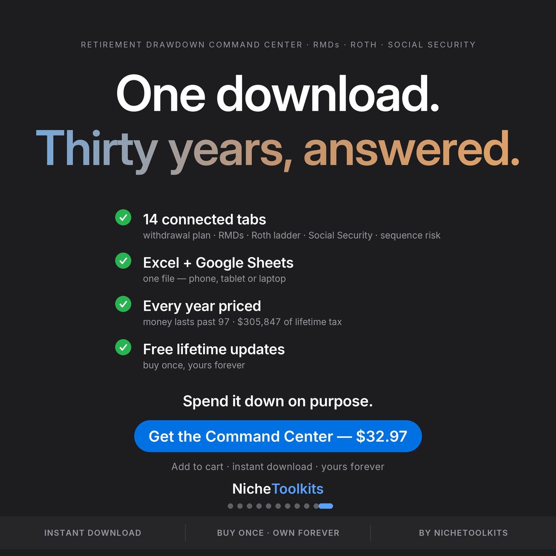 One download, thirty years answered — retirement drawdown command center, 14 connected tabs, RMDs, Roth conversions and Social Security timing, Excel and Google Sheets, free lifetime updates, $32.97.