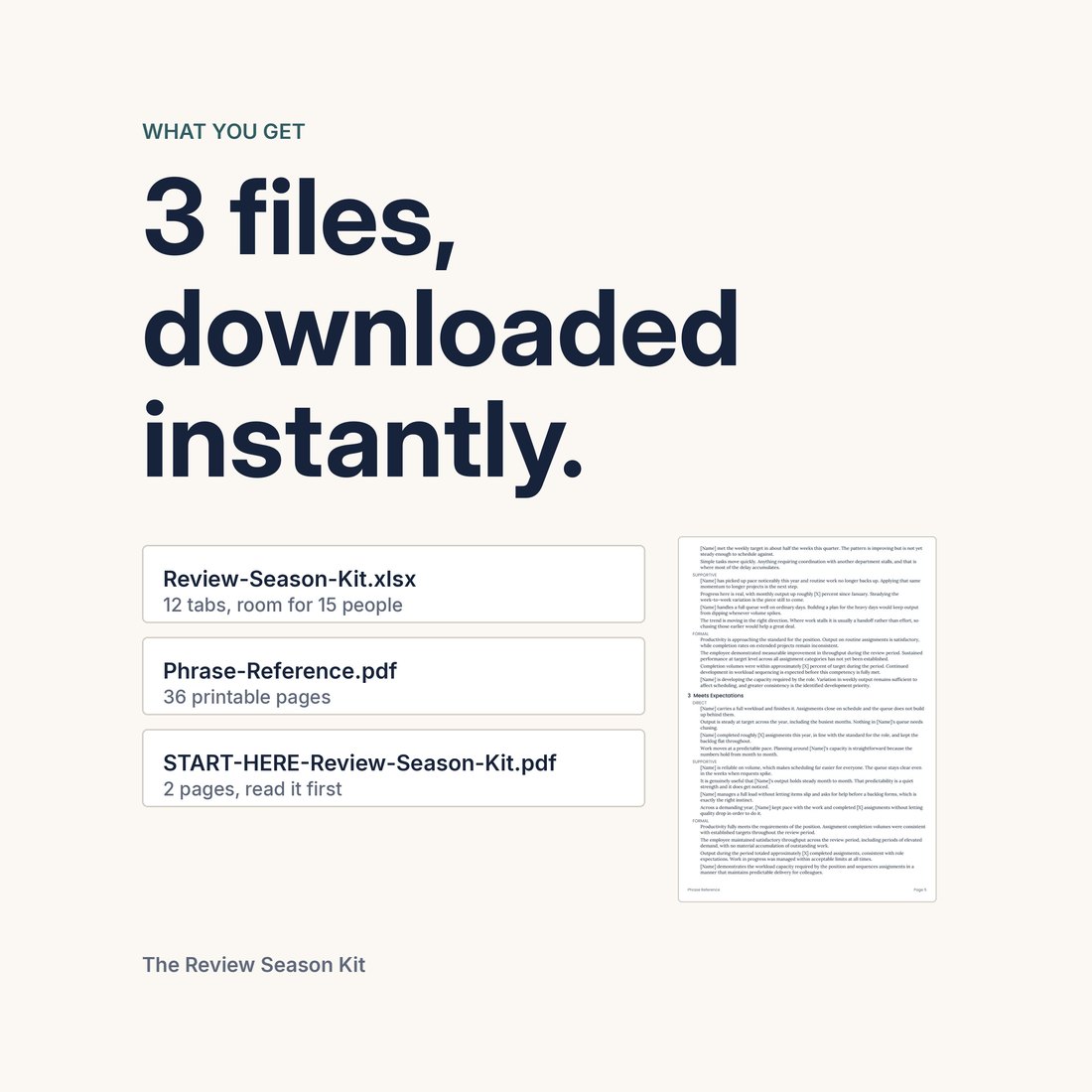 What you get: three files downloaded instantly. Review-Season-Kit.xlsx with 12 tabs and room for 15 people, Phrase-Reference.pdf at 36 printable pages, and START-HERE-Review-Season-Kit.pdf at 2 pages, read first.