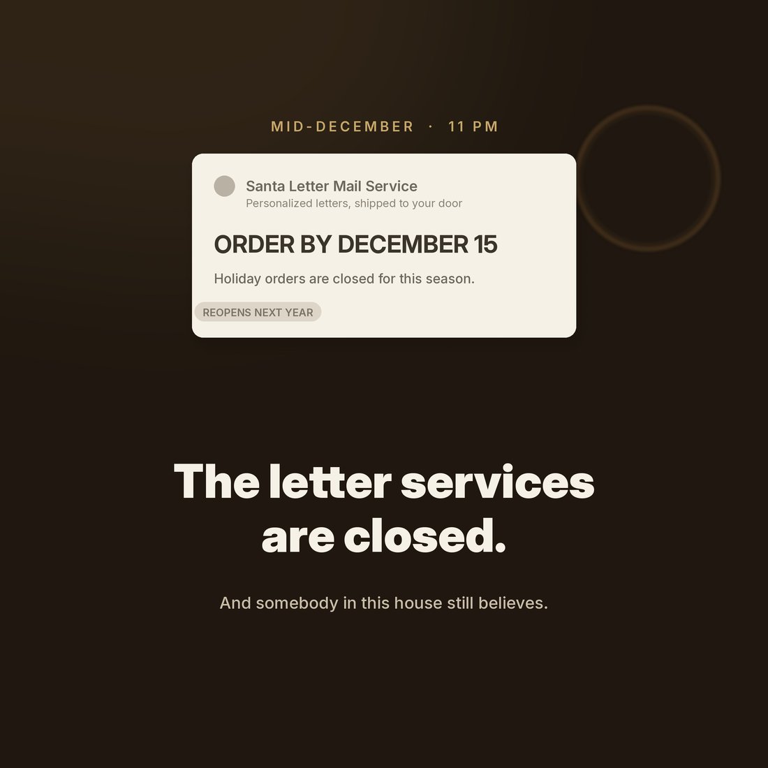The letter services are closed: the December deadline problem the kit solves, with the order-by date crossed out.
