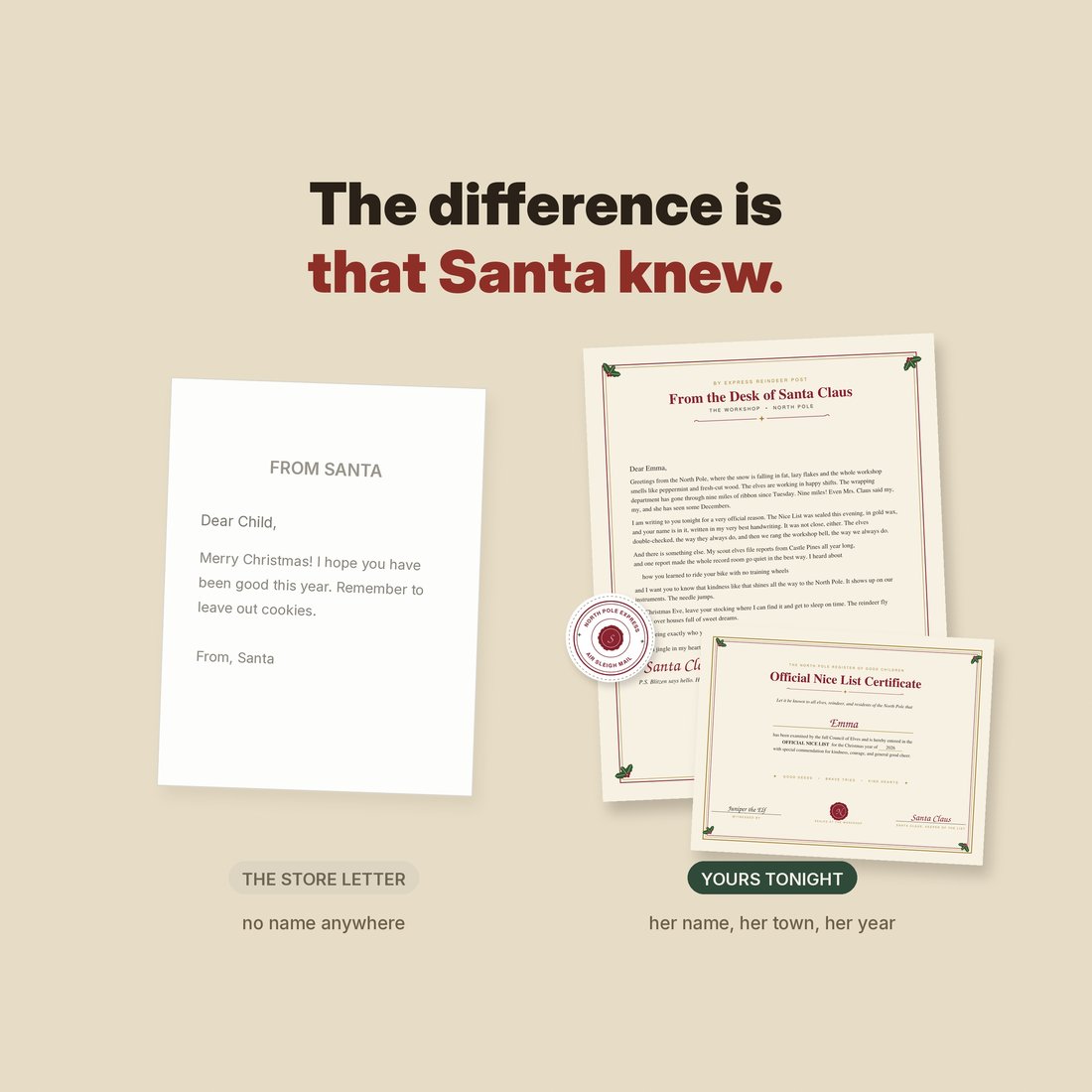 The difference is that Santa knew: the letter with the one detail Santa heard about this year, printed typeset.