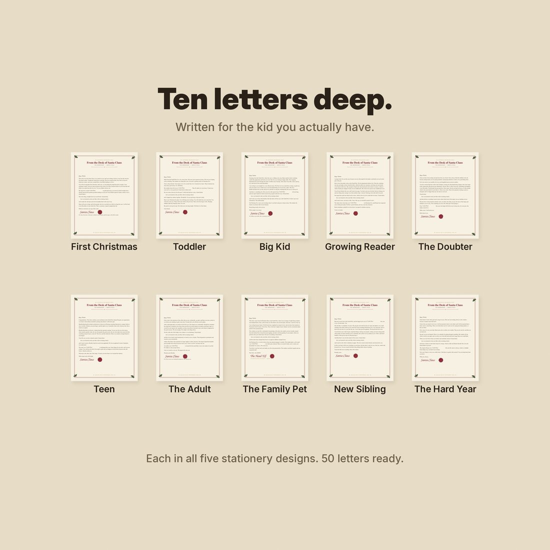 Ten letters deep: all ten letter texts fanned out, from baby's first to the hard year.