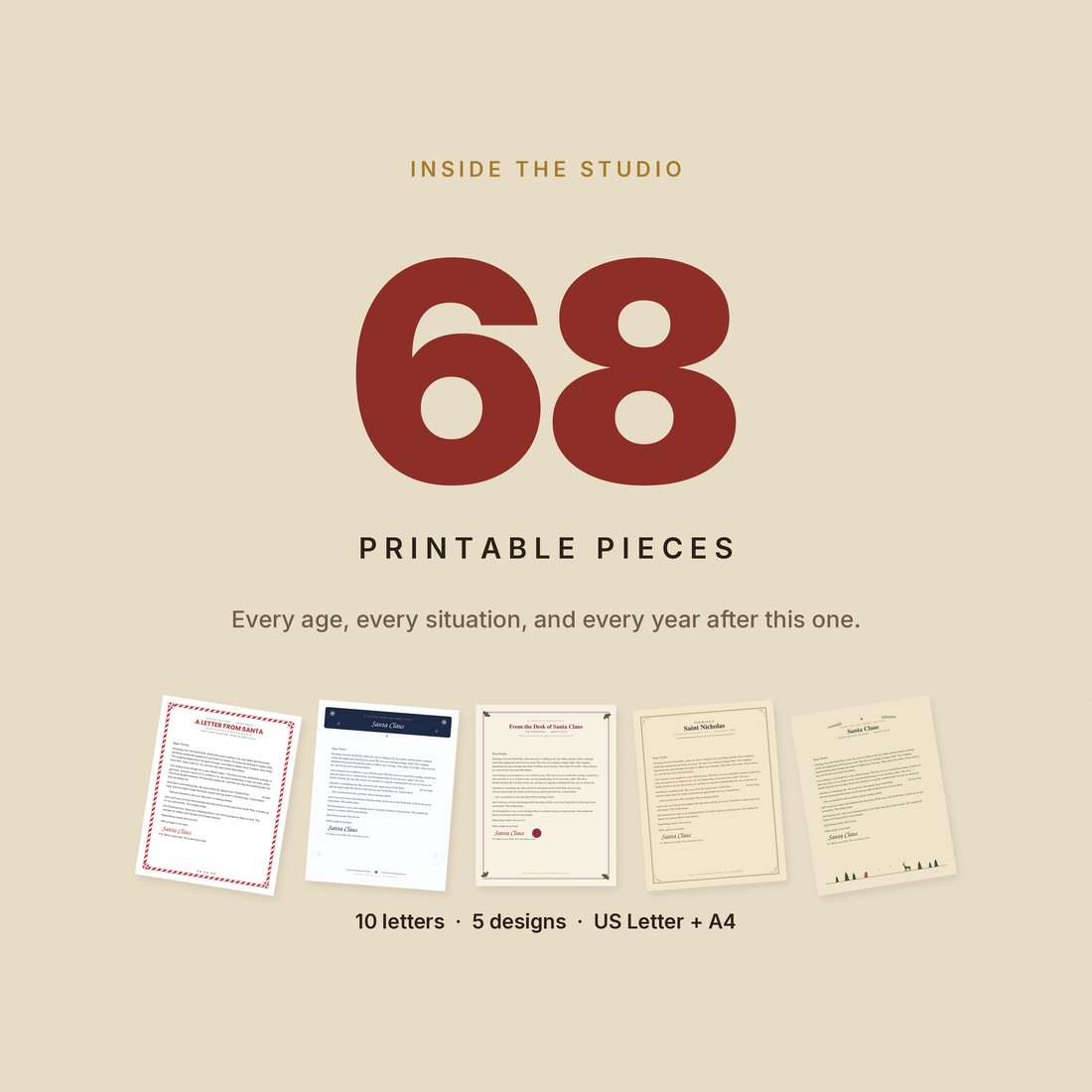 68 printable pieces: letters, certificates, envelope wrap, seals, stamps, and the evidence extras.